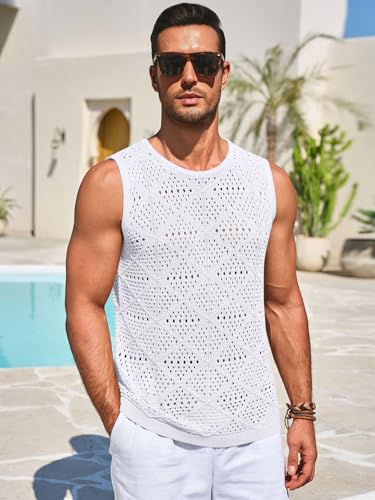 Runcati Mens Knitted Tank Tops Casual Sleeveless Hollow Out Crochet T-Shirts Muscle Summer Beach Hippie Shirts2