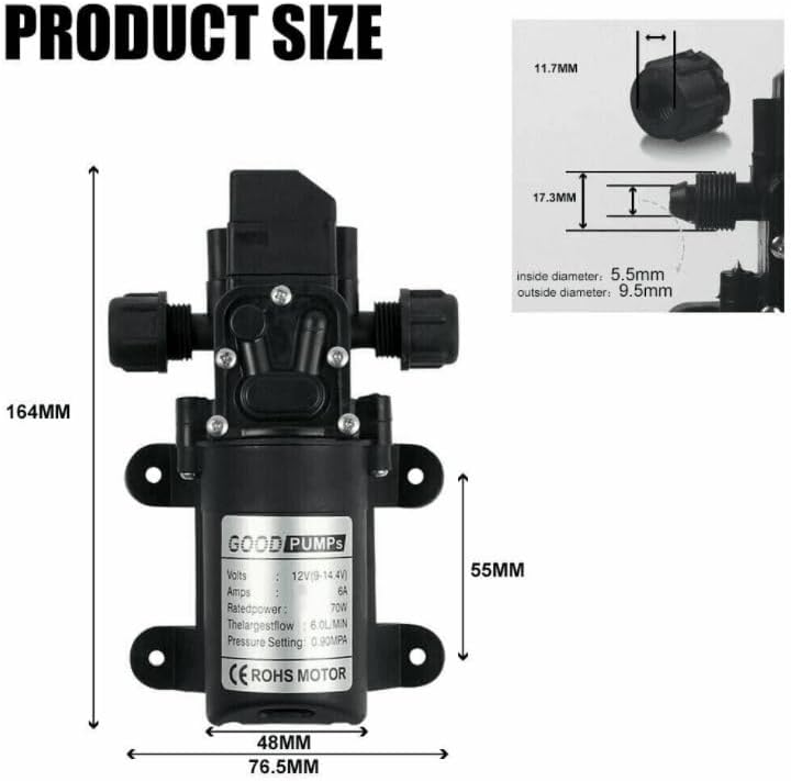 12 Volt Diaphragm Pump 70W Self Priming Pump 12V(9-14.4V) Amps- 6A- Rated power 72W- thelargestflow : 6L/MIN. pressure setting: 0.9MPA.