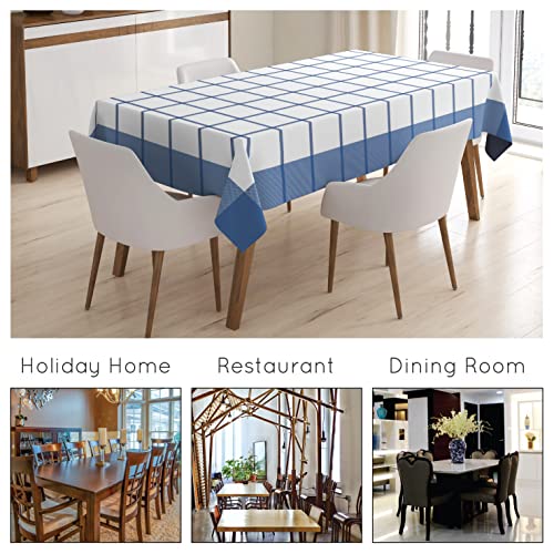 Image of Encasa XO Table Cloth (10 ft Long) for 8 to 10 Seater Large Center Dining Table - Blue Checks with Borders - Heavy Homespun Eco-Cotton Fabric, Washable, for Home, Garden, Hotel & Restaurant