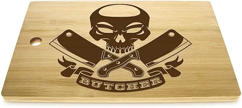 The Geeky Days Calavera con cuchillos de carne cruzados, tabla de cortar de madera grabada personalizada, decoración gótica del hogar, carne