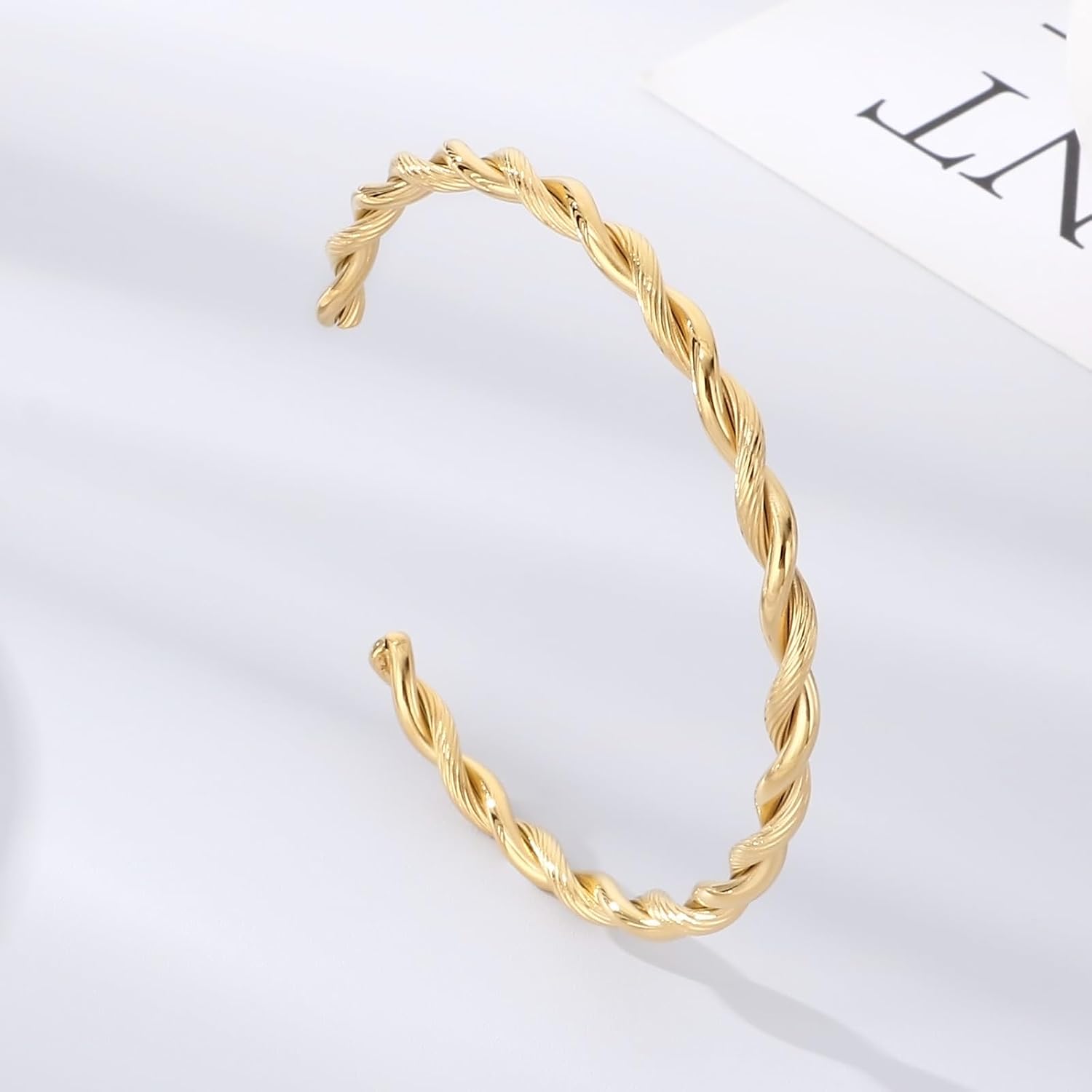 Gold Twisted Open Cuff Bangle Bracelet Stainless Steel, Adjustable 58mm Minimalist Hypoallergenic Jewelry for Women Men Gift
