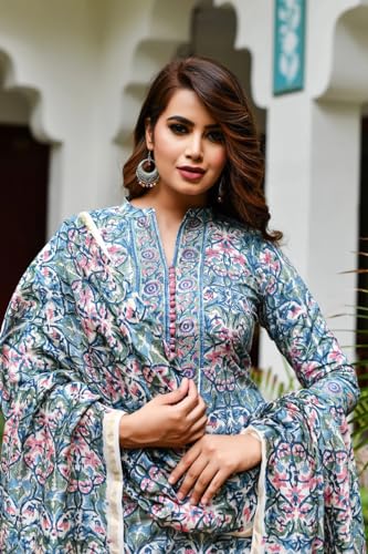 Image of Leriya Fashion Cotton Printed Kurta Sets for Woman | V Neck Festive Anarkali Suit for Women | Ethnic Kurta Set with Dupatta for Women | Wedding Kurti Set for Woman