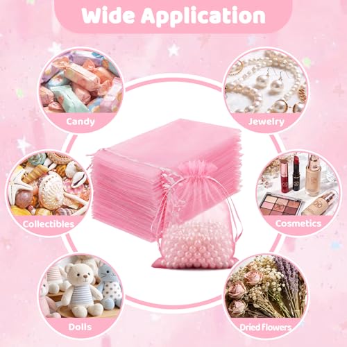 Image of FUNFERY 100Pcs Pink Organza Bags 4x6 in,Small Mesh Drawstring Gift Bag | Little Jewelry Bags for Wedding Party Favors, Mini Drawstring Pouch for Sachet, Candy, Goodie, Treat Bag for Easter Day