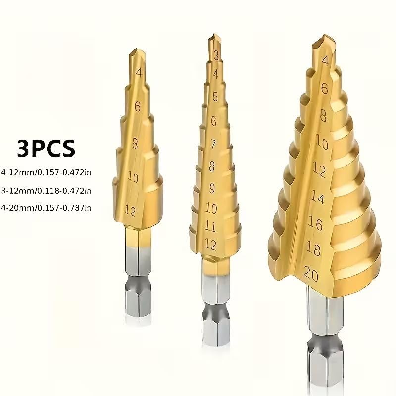 3Pcs Step Drill Bit Set, HSS Titanium Coated, 1/4" Hex Shank Quick Change, Short Length Drill Bits for Metal, Plastic, Sheet Metal (3-12mm, 4-12mm, 4-20mm)