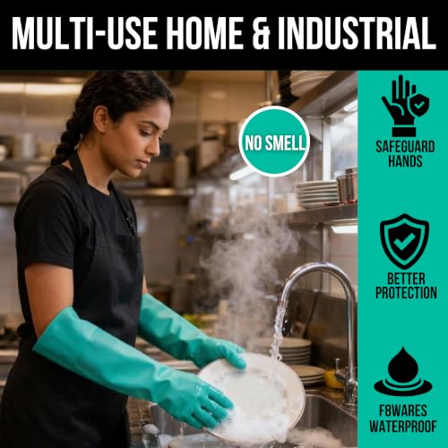 Image of F8WARES 18 Inch long Reusable Chemical Acid Resistant Nitrile Gloves | Gloves for Washing Utensils / Dishwashing | Heavy Duty Gardening Rubber Gloves | Hand Gloves for Cleaning Purpose