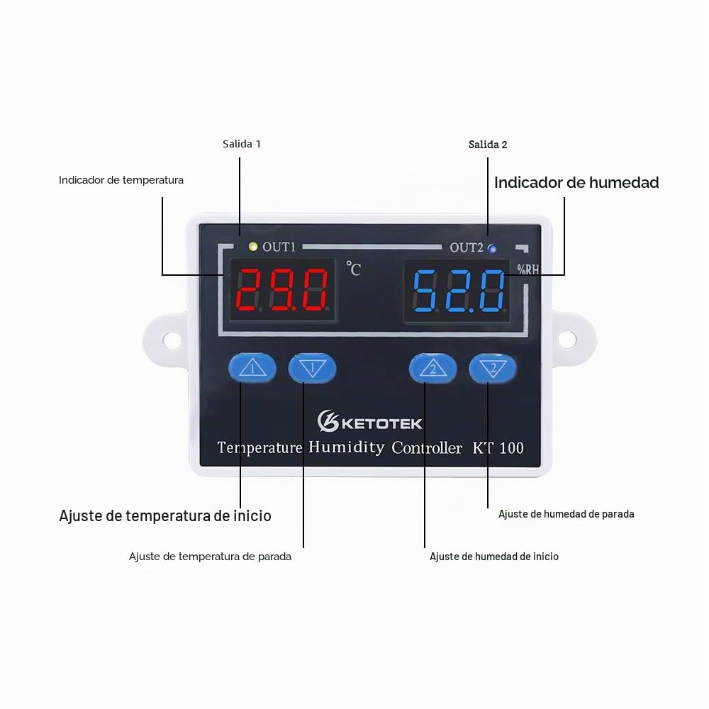 KETOTEK Controlador de temperatura y humedad, Digital termostato 220V Calentamiento Enfriamiento con Sonda, 10A De Salida Directa, para Incubadora Invernadero Reptil