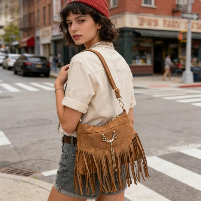 Bolsa tiracolo com franjas marrom Mocha – Bolsa de ombro vintage Boho de outono, bolsa pequena versátil com alça confortável, Marrom, Bolsa tiracolo