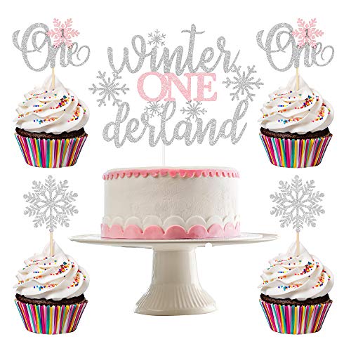 Winter Wonderland Decorations- Winter Onederland Cake Topper and 24 pcs Snowflake Cupcake Toppers - Winter Onederland Party Decorations Boy for Winter Onederland 1st Birthday Girl Decorations