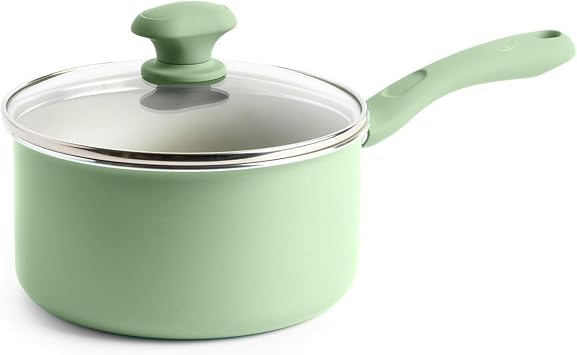 Alpine Cuisine 2QT Sauce Pan with Lid, Nonstick Ceramic Coating Cookware, Ergonomic Cool-Touch Handle, Easy Clean Pot,Watercress Green
