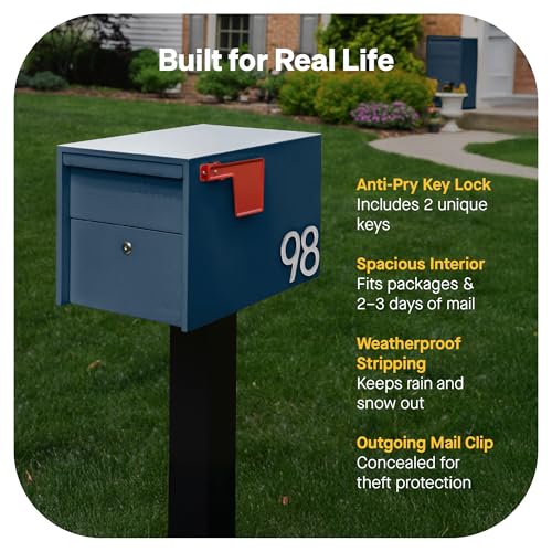 Image of Adoorn Lockable Post Mount Mailboxes for Outside - Small Anti-Theft Locking Mailbox for Packages and Letters - Weatherproof Construction - Durable Steel - 12 inch H x 12 inch W x 18.5 inch D - Navy