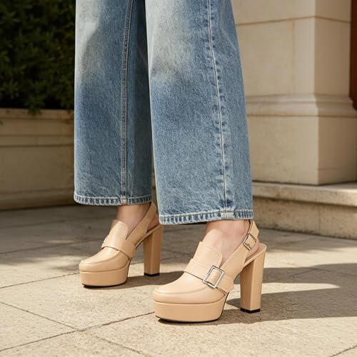 Image of Women's High Heel Loafers Platform Pumps Round Toe Heels Chunky Heel Pumps Stylish Comfortable 4.8 Inch Slingback Heels