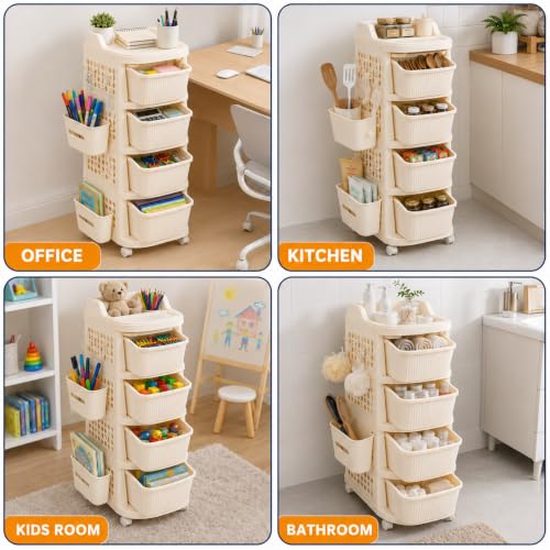 Image of Homeor 4 Tier Plastic Storage Drawer Cabinet with Wheels, Modular Chest of Drawers Organizer with Side Basket & Handle, Storage Trolley Rack for Home, Kitchen, Bedroom, Kids Room (Ivory)