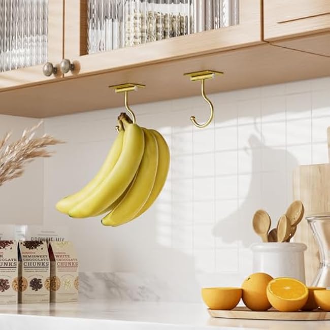 Under Cabinet Banana Hook Adhesive - Sticky Banana Hanger Under Counter, Sturdy Metal Banana Holder for Hanging Bananas or Kitchen Utensil, Banana Saver, Keeps Bananas Fresh, Gold