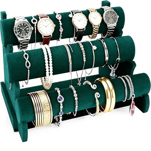 Image of Barelove Velvet Bracelet Holder with 3 Tier Rack, Green T-Bar Storage Organizer Detachable Display Stand for Necklace Watch Bangles Bracelets Scrunchies Organization Showcase