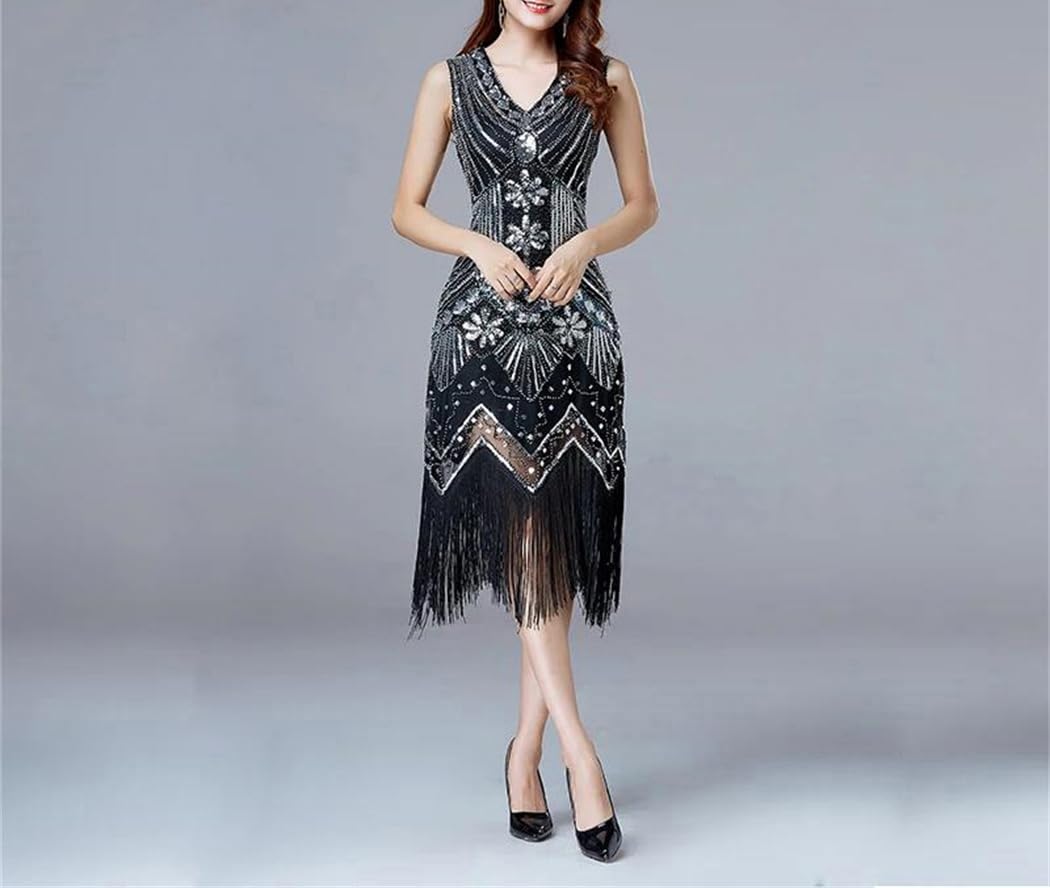 Vestido vintage Gatsby Flapper para mujer, cuello en V, sin mangas, con lentejuelas, estilo borla