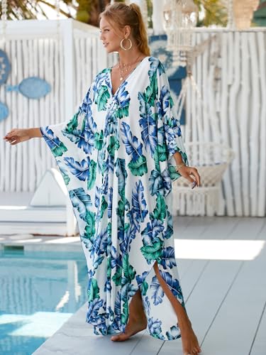 Image of sunforyou Kaftan Dresses for Women Plus Size Lightweight Swimsuit Cover up Batwing Sleeve Print Loungewear Beach Robe
