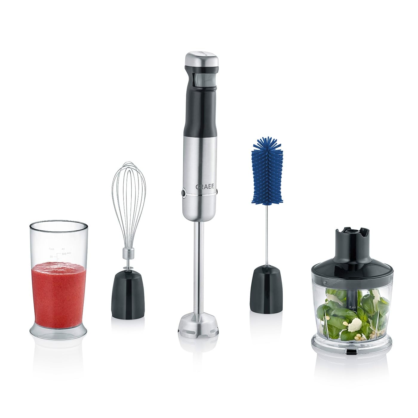 GRAEF Akku-Stabmixer HB802 inkl. 4tlg. Zubehör-Set & Aufbewahrungsbox, kabellos, stufenlose Geschwindigkeitsregelung, Pürierstab, Reinigungsbürste, Zerkleinerer