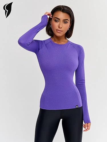 Miniatura 2 de Bona Fide Camisetas de entrenamiento para mujer, camisa de compresión de manga cortalarga, transpirable, ajustada, para gimnasio, correr, yoga