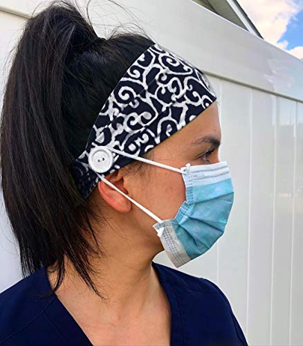 Headbands with Buttons for Face Masks Gifts for Women Nurses Yoga Sports Workout Elastic Turban Heawrap for Doctors and Everyone - Protect Your Ears, Black Print, 1 Pack