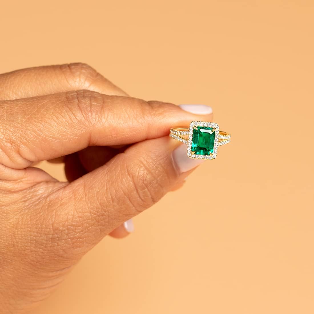 PEORA 2.50 Carats Created Colombian Emerald Lab Grown Diamond Ring in 14K White or Yellow Gold, Emerald Cut, Size 4 to 10