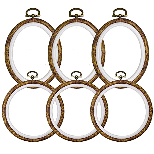 Image of 4'' Embroidery Hoops for Cross Stitch 3PCS Oval Plus 3PCS Round Frames | 6 Pack 10CM Resin Imitated Wood-Look Cross Stitch Hoop Rings for DIY Needlework Display and Craft Decoration