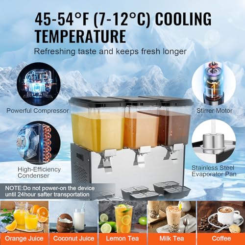 VEVOR Commercial Beverage Dispenser, 3 Tanks 18 L / 19 QT Per Tank Juice Dispenser, 512W Stainless Steel Ice Tea Drink Machine with 45°F-54°F Cooling Temperature, for Cold Drink Restaurant Bar Party