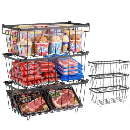 3 Pack Chest Freezer Organiser Baskets Stackable Metal Wire Storage Baskets for Freezer Kitchen Pantry and Refrigerator Organization