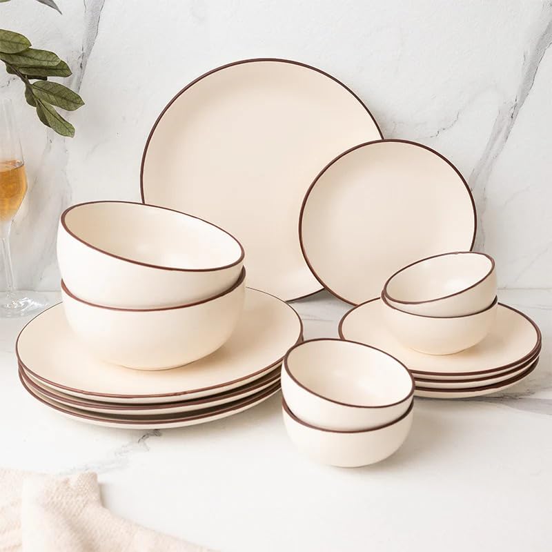 Image of Freakway Ceramic Dinner Set of 14 Pcs | 4 Dinner Plates (10.6 Inch), 6 Small Plates (7.4 Inch) and 6 Katori (3.93 Inch and +2 Large Serving Bowls |- Ivory White
