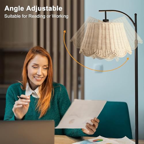 Image of Arc Floor Lamp for Living Room，Rattan Boho Floor Lamp with Hand-Woven Wicker Shade, Foot Switch, Gold /Silvery Metal Base & Pole,Standing Lamp for Bedroom (Gold)