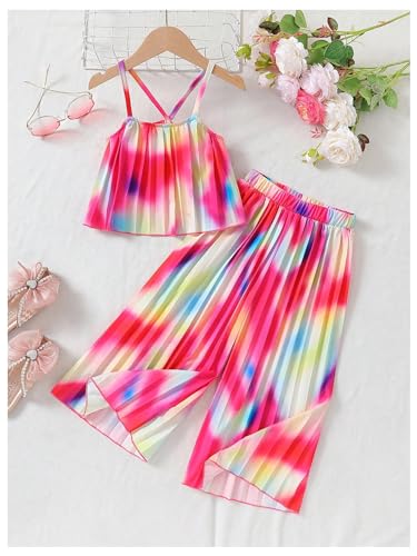 Image of RoseSeek Girl's 2 Piece Boho Cute Outfits Pleated Spaghetti Strap Camisoles Elastic Waist Wide Leg Pants Sets