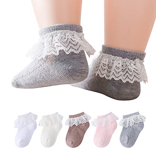 Juebm 5Pack Baby-Girls Toddlers Summer Ruffles Frilly Lace Socks,Princess Dress Socks Thin Mesh Newborn/Infant/Toddler/ Little Girl(1-2Years)