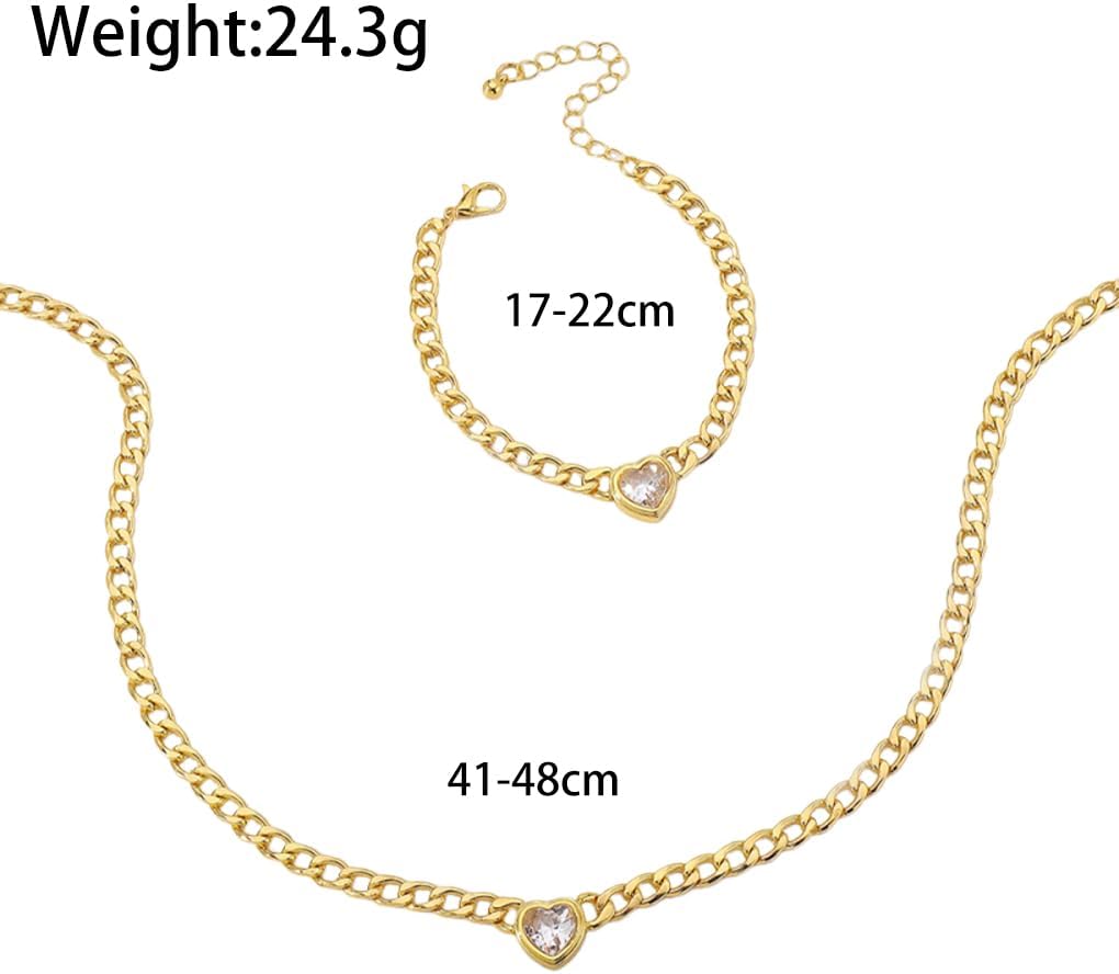 GIGB PBDK Chunky Gold Heart Crystal Cuban Chain Necklace Bracelet Set, Shiny Fashion Stacking Adjustable Dainty Jewelry Set, Sparkling Cubic Zirconia Thick Gift - Image 3