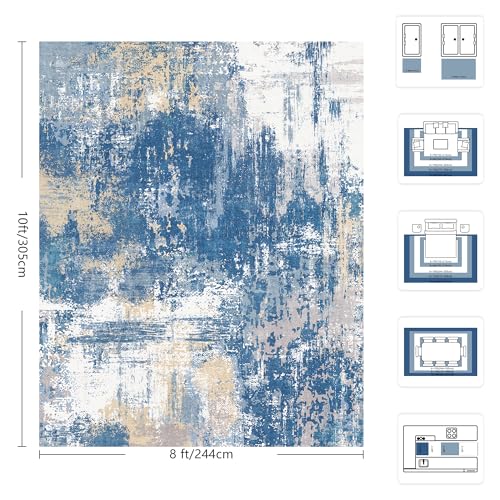 Image of 8x10 Rugs for Living Room - Modern Abstract Washable Rug, Ultra Soft Non Slip Low Pile Large Rugs, Floor Carpet for Bedroom Dining Room Office Laundry Nursery Home(Blue & Beige)