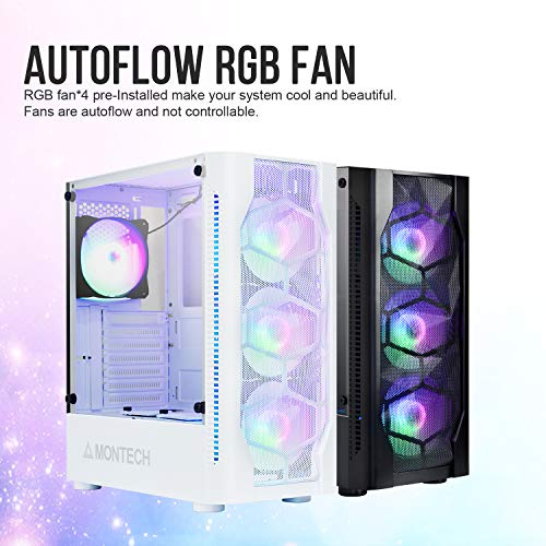 Montech X1 Black ATX Mid-Tower Case - High Airflow, Front Mesh Ventilation, Tempered Glass Side Panel, Pre-Installed 4 x 120mm Autoflow Rainbow LED Fans