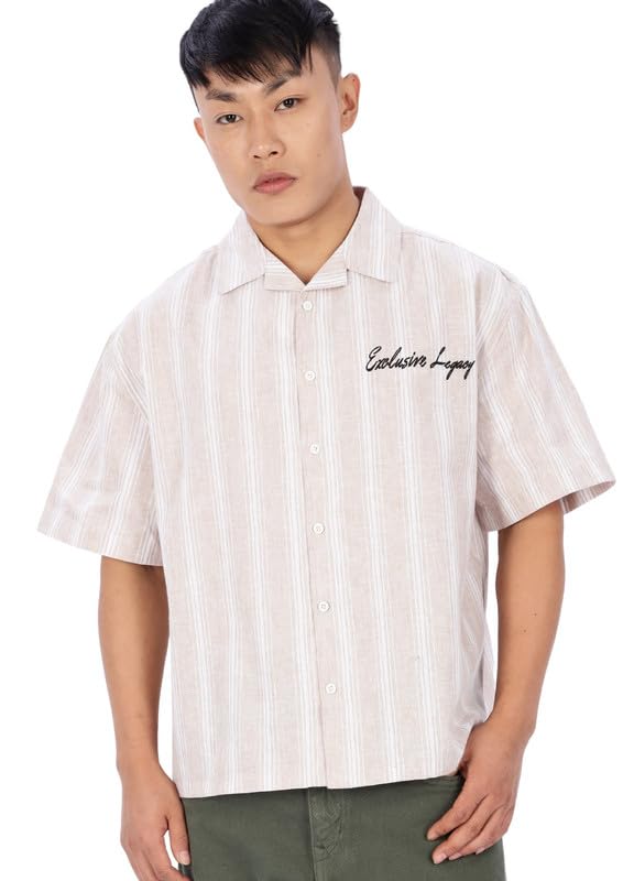 Boxy Fit Heritage Embroidery Stripes Shirt | Full Sleeve | Cuban Collar | White (ECSTROCH-$P)-image-2