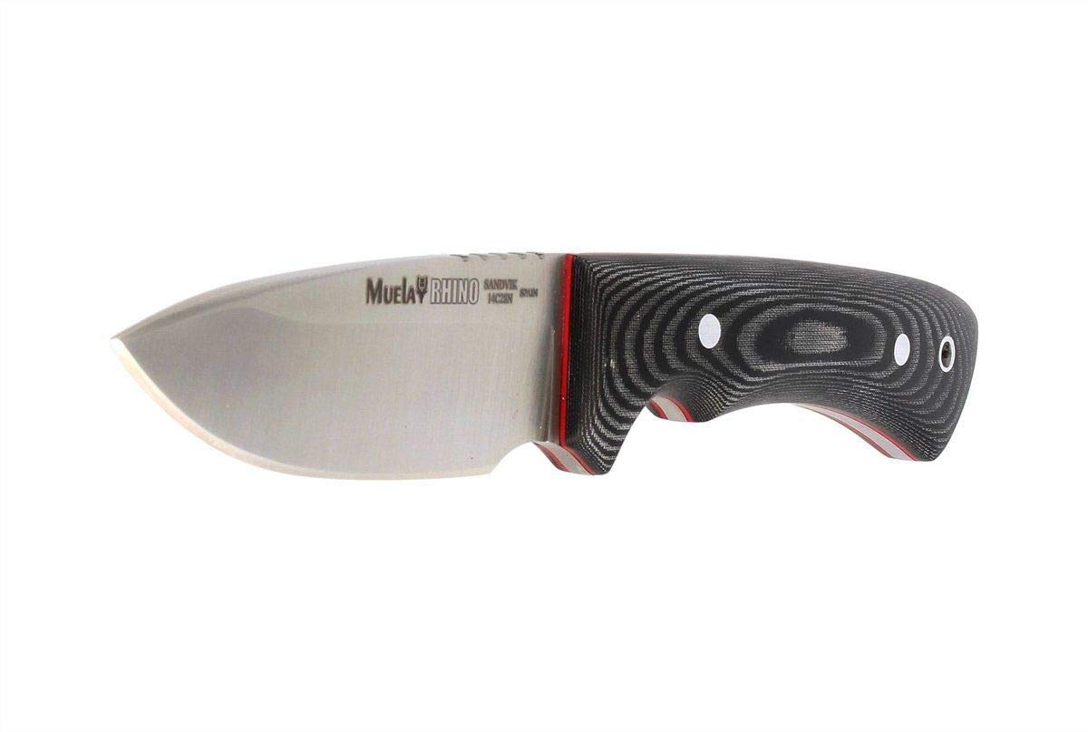 Muela Cuchillo Rhino RHINO-9M hoja de acero Sandvick 14C28N de 9 cm y empuñadura de micarta negra para Caza, Pesca, Supervivencia y Bushcraft Realizado en Ciudad Real + Portabotellas de regalo