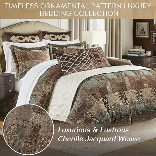 Croscill Galleria King Comforter Set - Luxe Chenille Jacquard with Oversized Design, Includes 2 Shams & Bedskirt, Brown