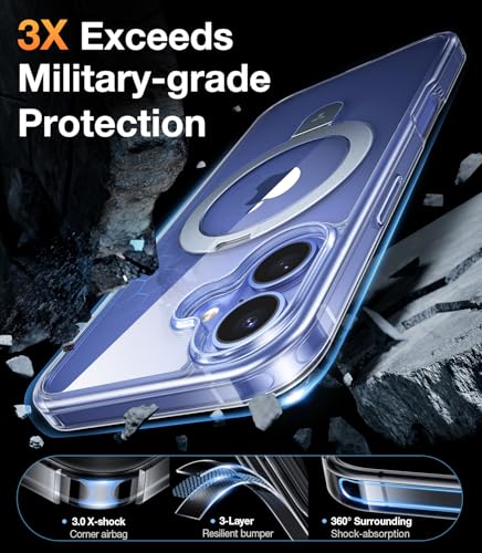 Image of TORRAS Magnetic for iPhone 16 Case with Stand, Built-in Stand Compatible with MagSafe, 12 FT Military-Grade Protection, Translucent Slim Phone Case for iPhone 16 6.1'', Crystal Clear