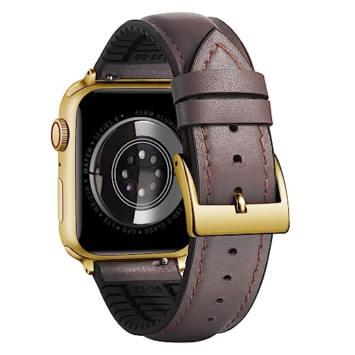 BINLUN Compatible with Apple Watch Bands Leather Soft Silicone Inner Hybrid Sweatproof 42mm 44mm 45mm 46mm 49mm Watch Strap for iWatch Ultra SE Series 11/10/9/8/7/6/5/4/3/2/1(Gold Buckle,Deep Brown)