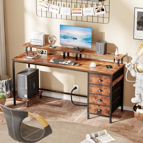 Furologee 55 Inch Computer Desk Gaming with 4 Fabric Drawers with Power Outlets and LED Lights for Home Office with Full Monitor Stand and Shelf Study Table for Small Spaces Rustic Brown
