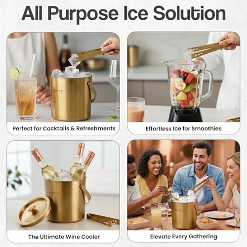 Image of O' Holic by Perch Stainless Steel Double Wall Ice Bucket & Tong - 1500ml | Insulated with Lid & Handle|Bartender Kit |Premium Barware Accessories for Home Bar, Parties, Cocktails & Gifting |Golden