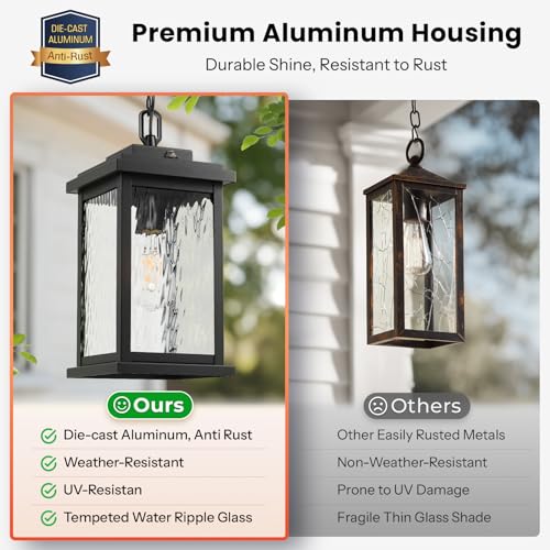 Image of Gleamz Large Outdoor Pendant Lights, Black with Dusk to Dawn Sensor | Outdoor Pendant Lights for Porch, Aluminum Waterproof Exterior Hanging Lighting Fixtures for Balcony, E26 Socket, No-Solar