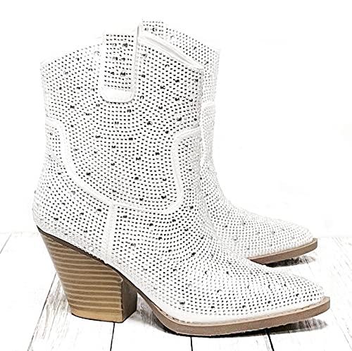 Women's Rhinestone Block Heel Ankle Boots River-01 By Forever White 63