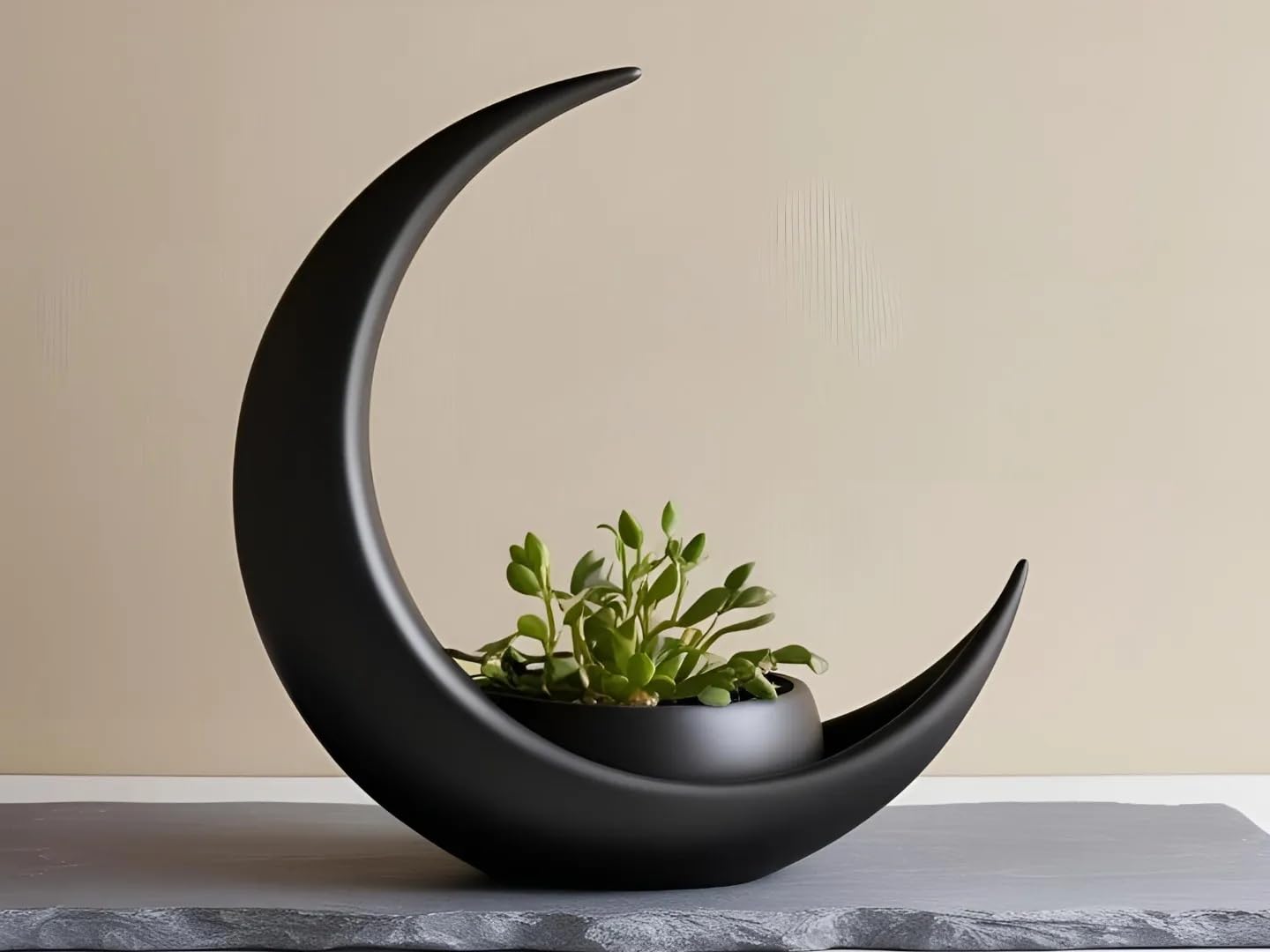 Crescent Moon Decoration With Elliptical Plant Pot (Matt Charcoal) — image 1