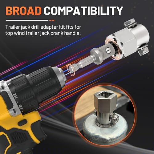 Image of Top-Wind Trailer Jack Drill Adapter 1 /2 in Shaft Hole a 1 /4 in Through Hole | Upgraded, Stainless Steel, Trailer Jack Crank Handle Cordless Drill Adapter, for Campers, RV, Light Small Trailer