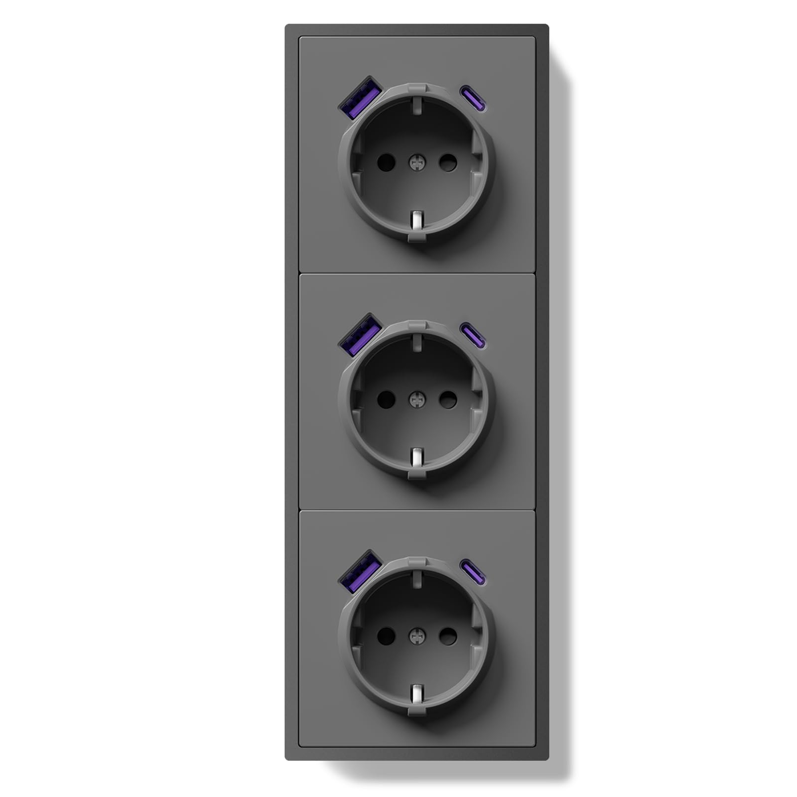 BSEED Schuko Mehrfachsteckdose Unterputz mit USB C 20W, Wandsteckdose 16Amp mit PC Rahmen, Dreifach Steckdose mit Krallen, 3 Fach Grau