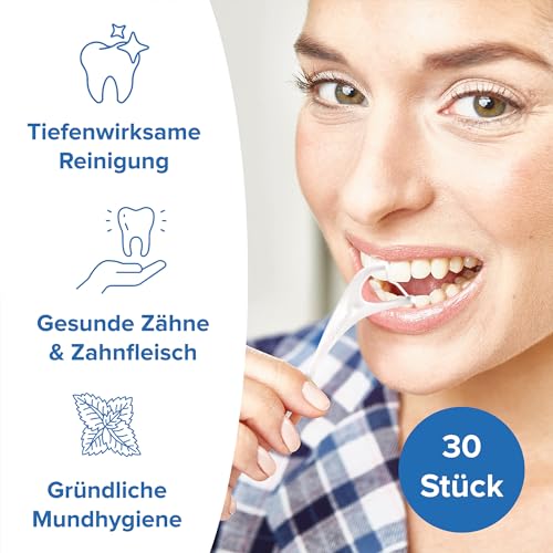 1 x 30 Stk. Dentek Comfort Clean Zahnseide Sticks, speziell für Backenzähne - Zahnreinigung der hinteren Zahnzwischenräume - Minzgeschmack - Fluorid - Zahnstocher , 30 Stück (1er Pack) – Bild 5