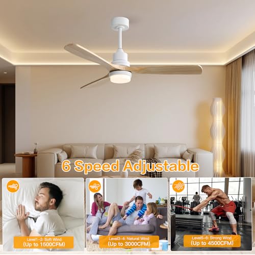 Image of Sofucor Ceiling Fans with Lights, 52 Inch Modern Flush Mount Ceiling Fan with Remote, Low Profile Ceiling Fan for Bedroom Indoor Outdoor, 6-Speed 3 Blades Reversible DC Motor Dimmable Timer