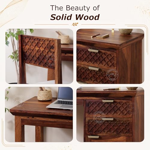 Image of NSH Solid Sheesham Wood Study Table with Chair | Wooden Writing Desk with Drawer & Door Storage | Pre-Assembled Computer Desk Workstation for Home Office & Study Room | Honey Finish