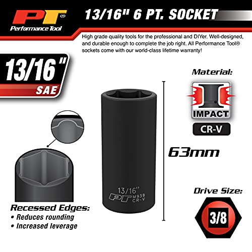 Image of Performance Tool M939 3 /8 in. Drive 13 /16 in. Deep Impact Socket | Automotive tool. 6-point rounded corners for tighter grip. Drop forged chrome vanadium steel. Large size etching